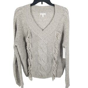 Nordstrom Abound Gray Knit Fringe Braid Design V Neck Cozy Sweater Womens S